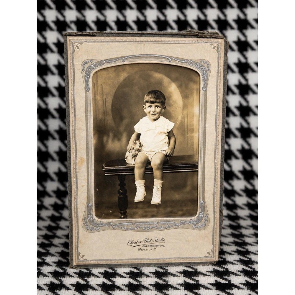 Child Portrait Photo Cabinet Card Bronx NY Chester Studio Toddler Boy Toy Antiqu